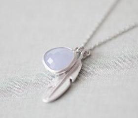 Pale Alice Blue glass with feather pendant necklace