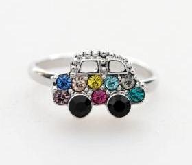 Colorful Crystals car adjustable ring in silver
