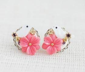 Coral Pink flower bird stud earrings