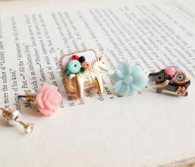 Set of 5 Happy zoo stud earrings