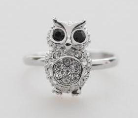 SILVER Crystals Owl adjustable ring