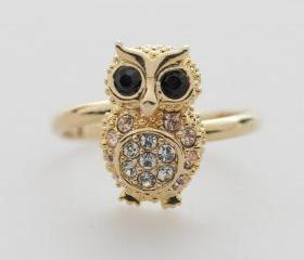 SALE-GOLD Crystals Owl adjustable ring