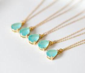 bridesmaid gifts - Set of 5 - Mint green teardrop glass gold chain necklaces