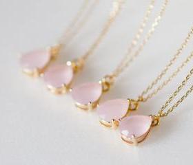 bridesmaid gifts - Set of 5 - Pale pink teardrop glass gold chain necklaces