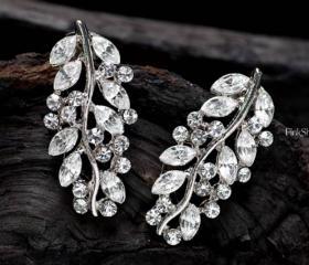 Leaves-Swarovski Crystal drop Earrings,925 Silver sterling post,bridal,clear color,wedding