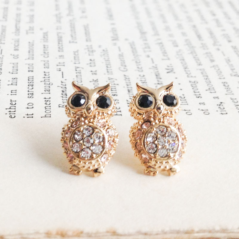 GOLD Crystals Owl Stud Earrings on Luulla